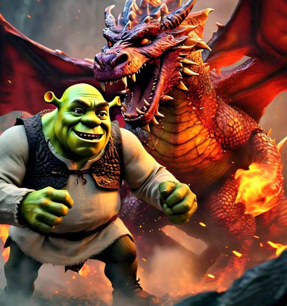 Shrek fighting with dragon for Fiona 