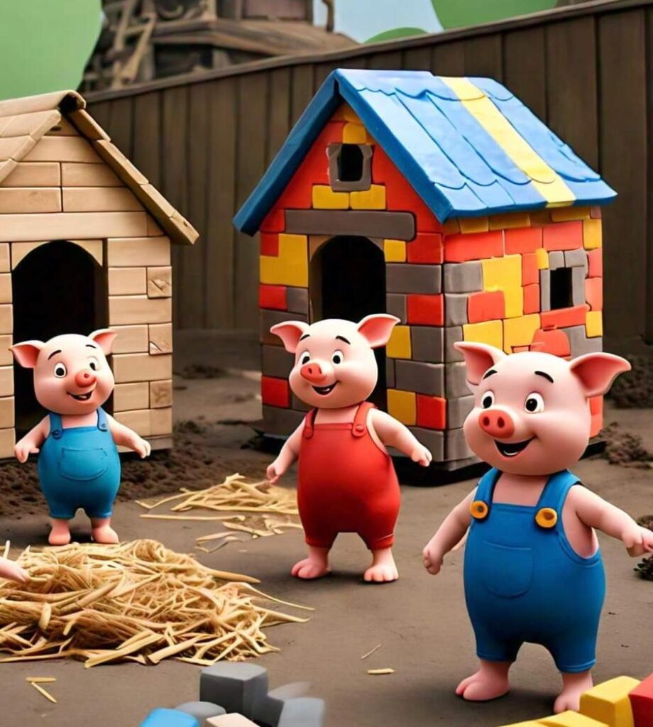 the three little pigs building their houses