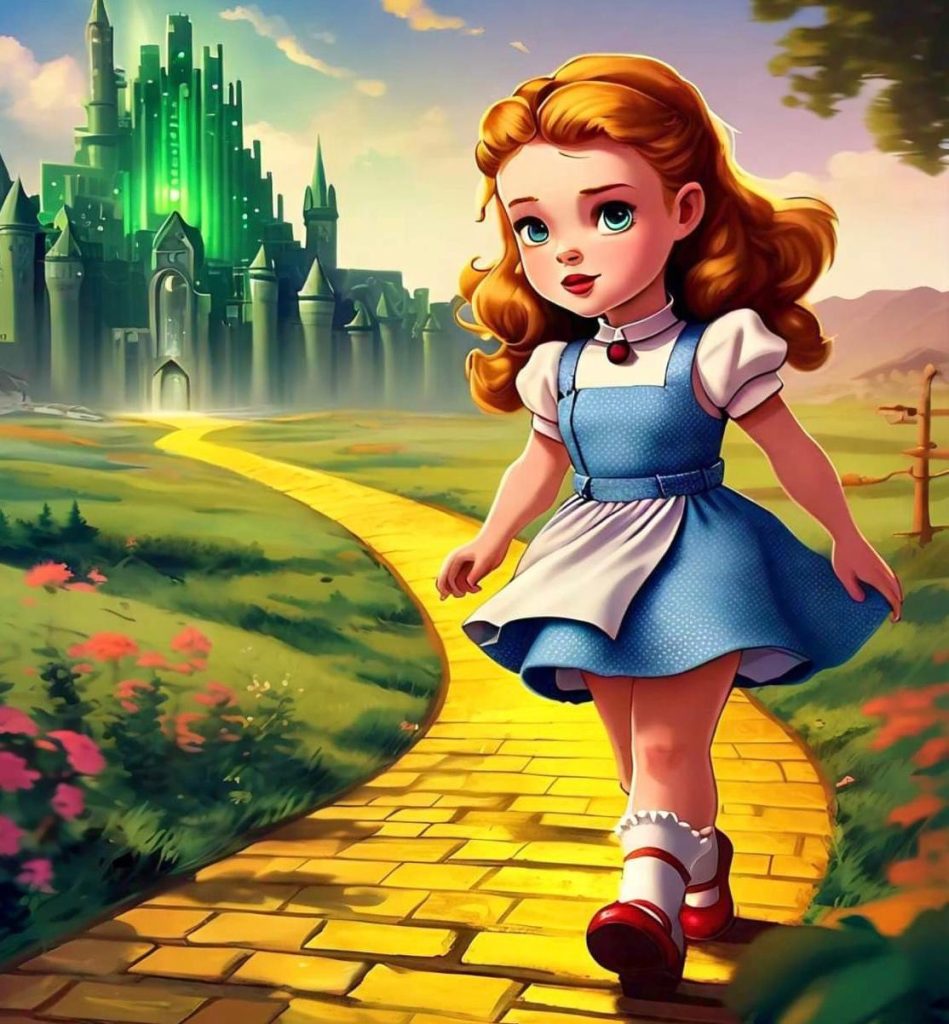 Dorothy set off on the yellow brick road toward the Emerald City, a bedtime story of a wonderful wizard for kids.